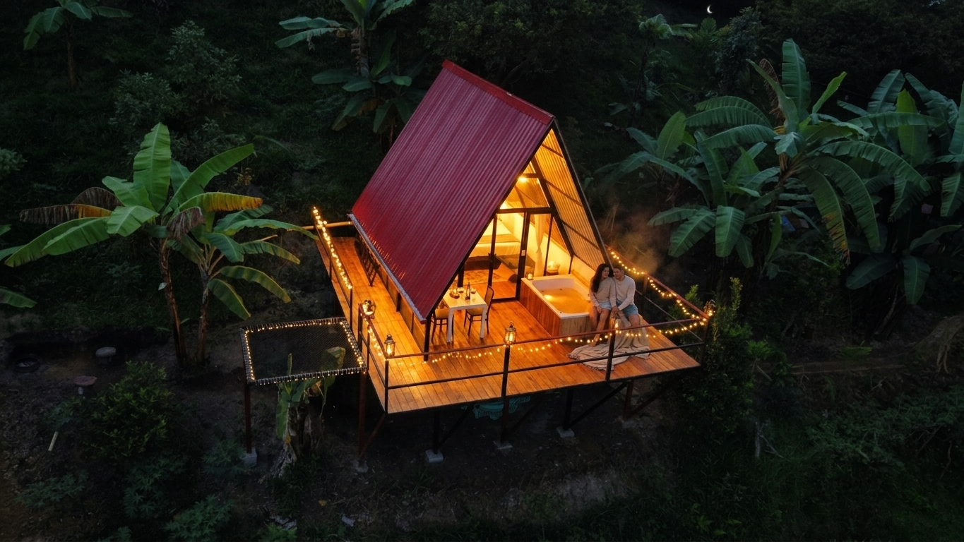 Pareja descansando en un deck de glamping